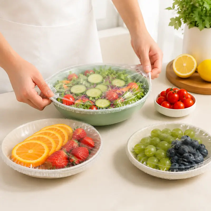 🥗100PCS Disposable Elastic Stretch Food Covers, Reusable Plastic Wrap Alternative, Universal Stretch Lids for Bowls, Plates, Fruits, Vegetables & Leftover Food Storage