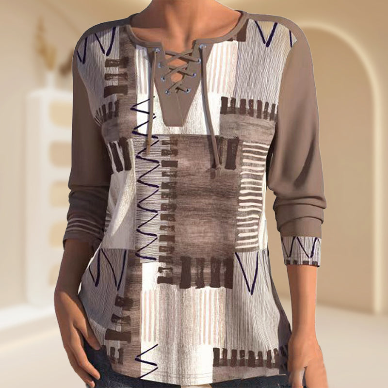 Women's Geometric Print Long Sleeve Top with Tie Front