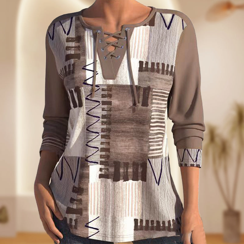 Women's Geometric Print Long Sleeve Top with Tie Front