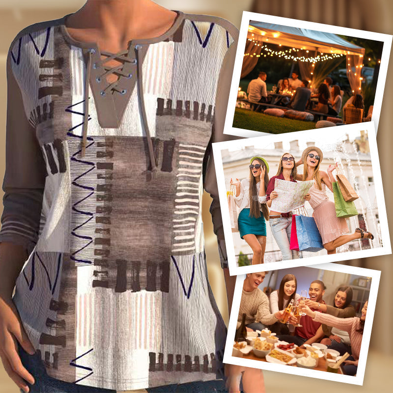 Women's Geometric Print Long Sleeve Top with Tie Front