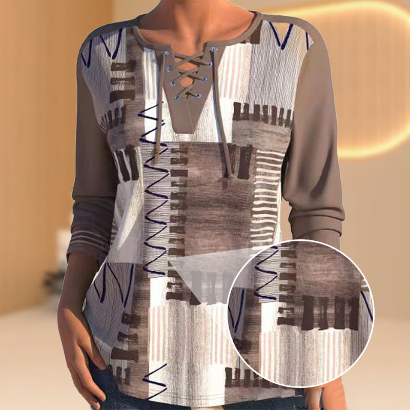 Women's Geometric Print Long Sleeve Top with Tie Front