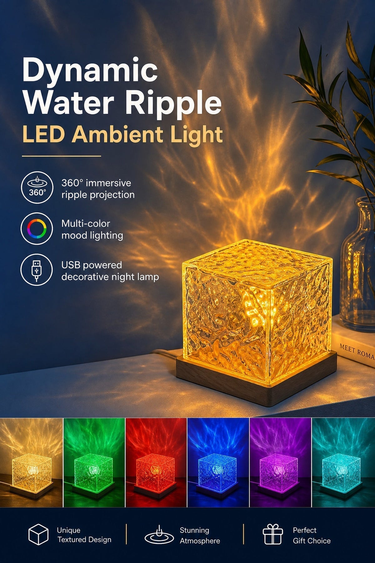 🥳2026 HOT SALE🥳💞50K+ SOLD! 🌊💤Dynamic Water Ripple LED Light – soothing ripple effect, soft flicker-free glow. USB powered, 3W, ideal for bedtime relaxation & reading. 🛋️✨