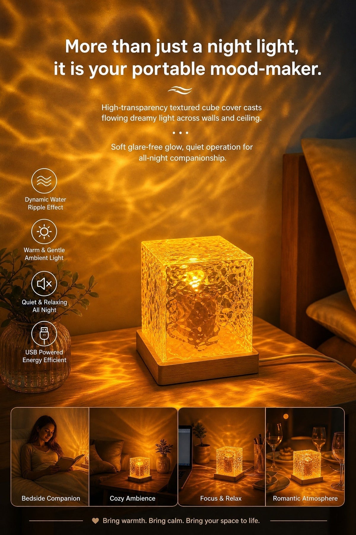 🥳2026 HOT SALE🥳💞50K+ SOLD! 🌊💤Dynamic Water Ripple LED Light – soothing ripple effect, soft flicker-free glow. USB powered, 3W, ideal for bedtime relaxation & reading. 🛋️✨