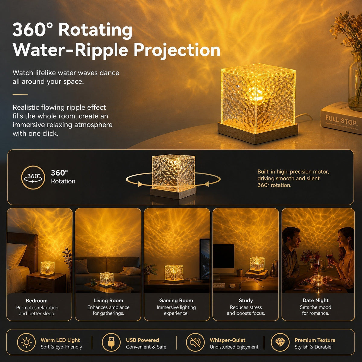 🥳2026 HOT SALE🥳💞50K+ SOLD! 🌊💤Dynamic Water Ripple LED Light – soothing ripple effect, soft flicker-free glow. USB powered, 3W, ideal for bedtime relaxation & reading. 🛋️✨