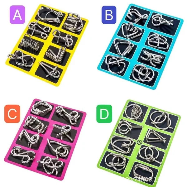 🔥🔥Metal Puzzle Ring Eight-Piece Blue Version Brain Teasers，Developing the human brain