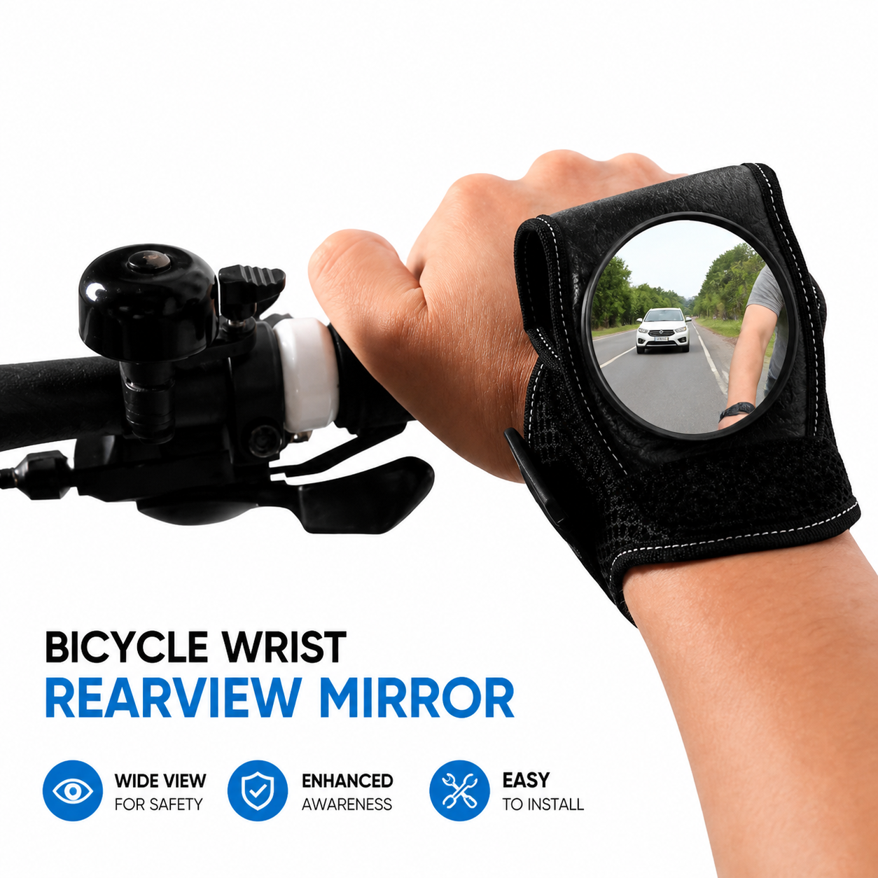 Bicycle wrist safety rear view mirror