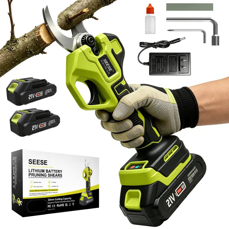 ✂️SEESE Cordless Electric Pruning Shears, 1.25 Inch Cutting Power Pruner with Brushless Motor, Dual 21V Batteries for Tree and Flower Trimming