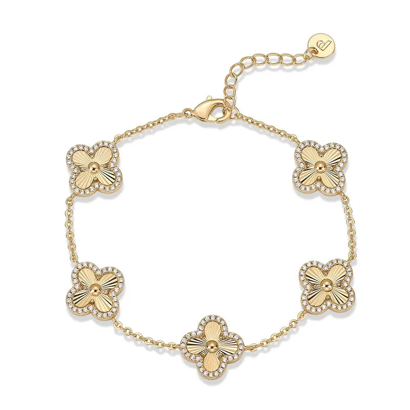 14K Gold Plated Clover Bracelet for Women - Lucky Charm Four Leaf Clover Bracelet Station with Cubic Zirconia - Hypoallergenic Trendy Fashion Stackable Clover Jewelry
