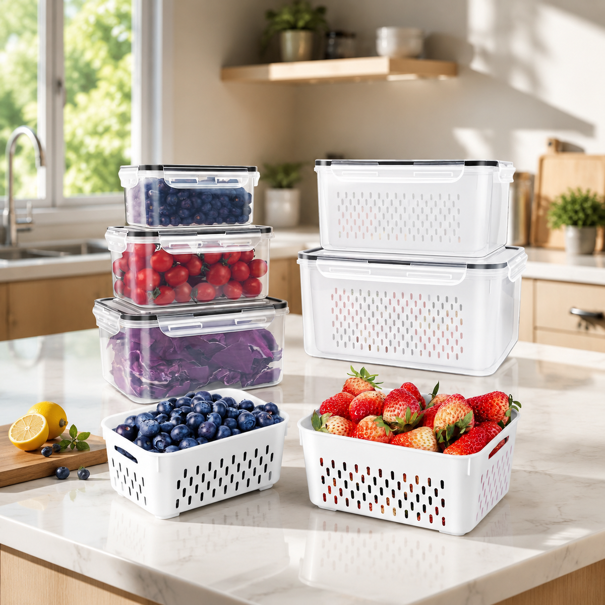 🍓 3-Piece Fruit Container Set 🥝 Removable Colander, Leak-Proof & Stackable ✨ Perfect for Storing, Washing & Keeping Fruit Fresh 🧊