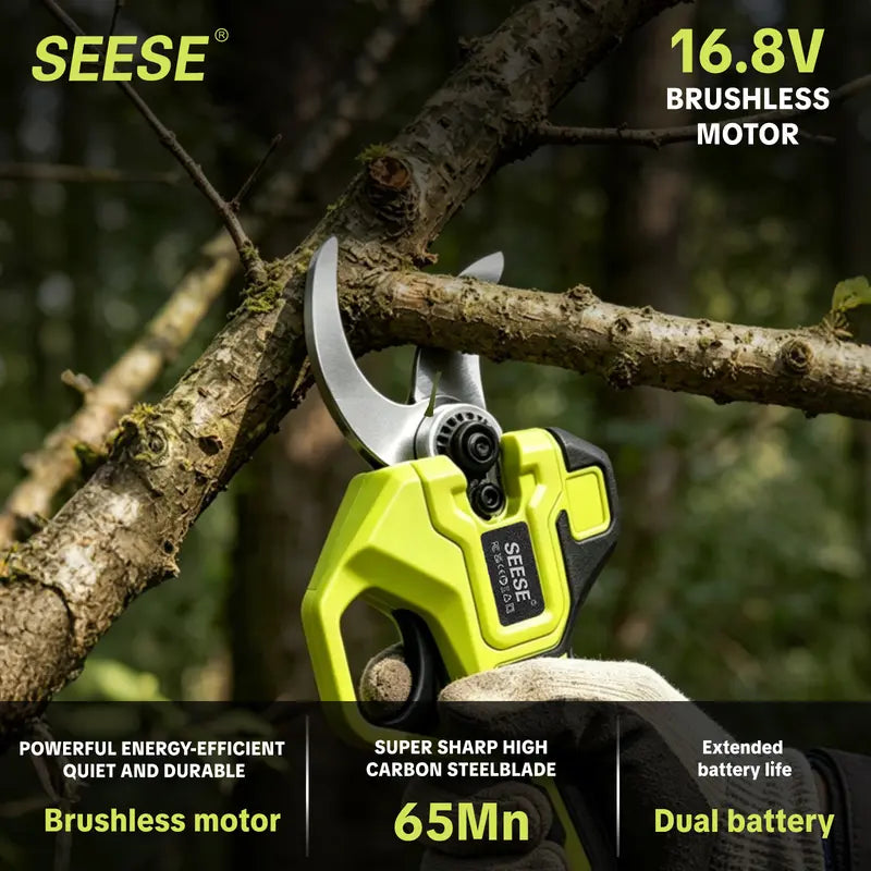 ✂️SEESE Cordless Electric Pruning Shears, 1.25 Inch Cutting Power Pruner with Brushless Motor, Dual 21V Batteries for Tree and Flower Trimming