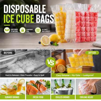 🧊✨ Self-Sealing Disposable Ice Cube Bags – 24-Cube Large Size, Food-Grade PE, Leak-Proof & Easy Tear Design – Fresh, Clean Ice Anytime! ❄️🍹