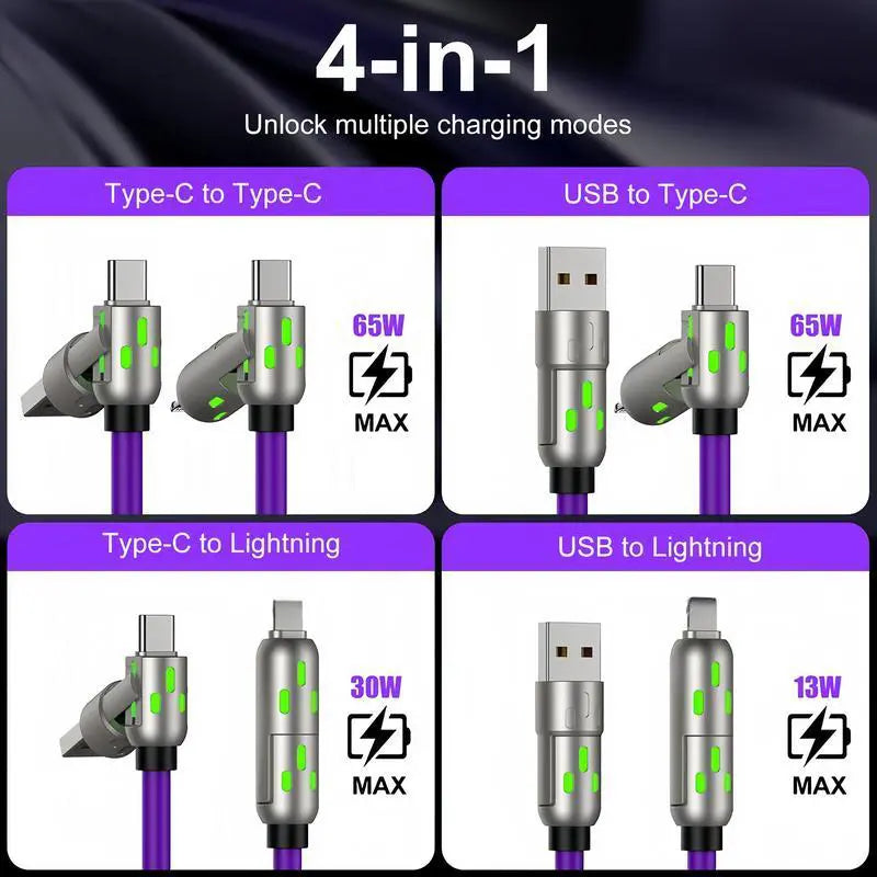 🔌4-in-1 RGB Glowing Fast Charging Cable, Universal Multi Device Charging Cord for Travel🌍