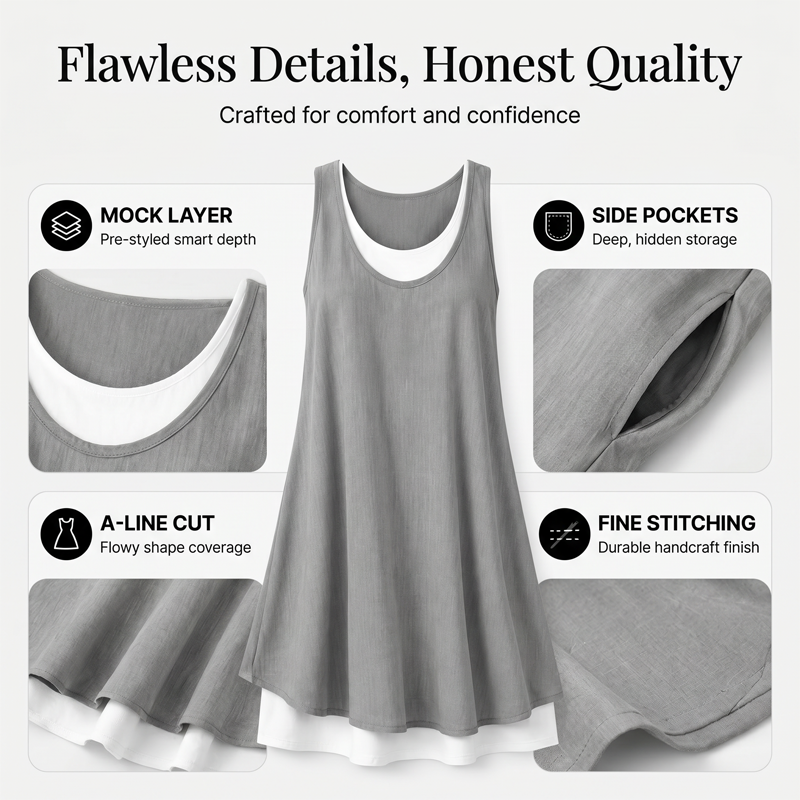 💃 Last Day Sale 50% Off 💐 Women's Casual Loose Sleeveless Fake Two Piece Tank Dress📿Free Pendant🎁