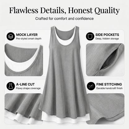 💃 Last Day Sale 50% Off 💐 Women's Casual Loose Sleeveless Fake Two Piece Tank Dress📿Free Pendant🎁