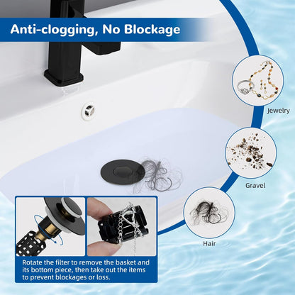 Hibbent Upgraded 3-in-1 Bathroom Sink Drain Strainer, Universal Pop-Up Plug, Removable Stainless Steel Basket-Style Hair Catcher, 1.1–2.36-inch Sink Plug, Brass Cartridge, Matt Black