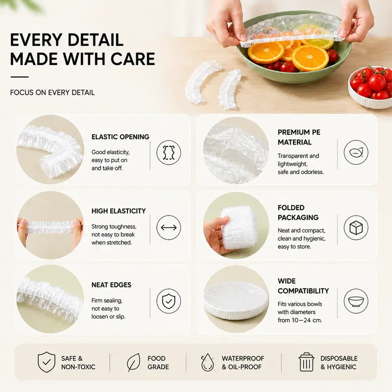 🥗100PCS Disposable Elastic Stretch Food Covers, Reusable Plastic Wrap Alternative, Universal Stretch Lids for Bowls, Plates, Fruits, Vegetables & Leftover Food Storage