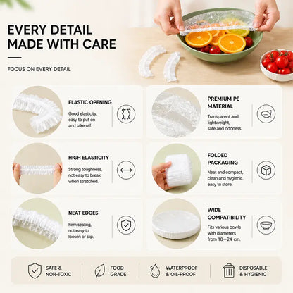 🥗100PCS Disposable Elastic Stretch Food Covers, Reusable Plastic Wrap Alternative, Universal Stretch Lids for Bowls, Plates, Fruits, Vegetables & Leftover Food Storage