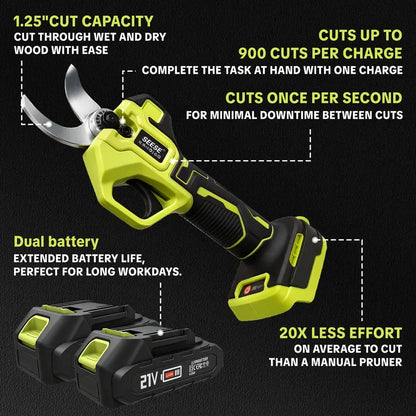 ✂️SEESE Cordless Electric Pruning Shears, 1.25 Inch Cutting Power Pruner with Brushless Motor, Dual 21V Batteries for Tree and Flower Trimming