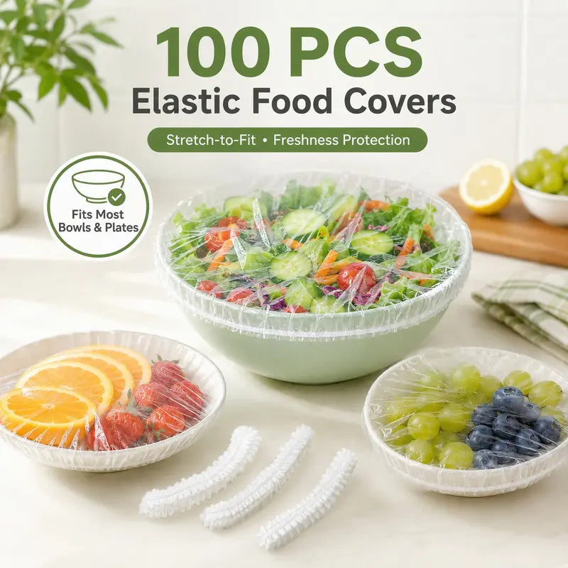 🥗100PCS Disposable Elastic Stretch Food Covers, Reusable Plastic Wrap Alternative, Universal Stretch Lids for Bowls, Plates, Fruits, Vegetables & Leftover Food Storage