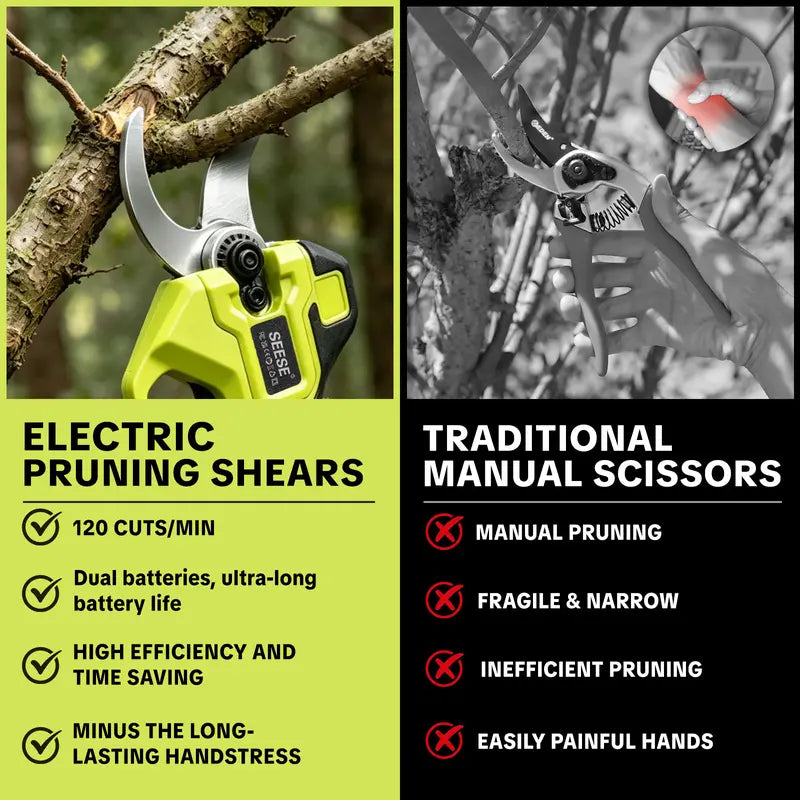 ✂️SEESE Cordless Electric Pruning Shears, 1.25 Inch Cutting Power Pruner with Brushless Motor, Dual 21V Batteries for Tree and Flower Trimming