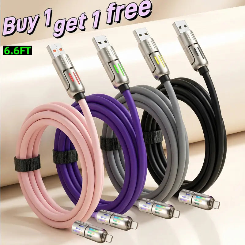 🔌4-in-1 RGB Glowing Fast Charging Cable, Universal Multi Device Charging Cord for Travel🌍