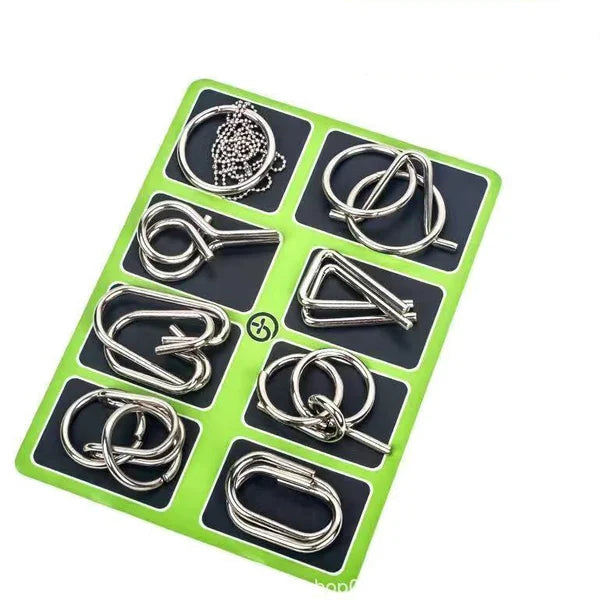 🔥🔥Metal Puzzle Ring Eight-Piece Blue Version Brain Teasers，Developing the human brain