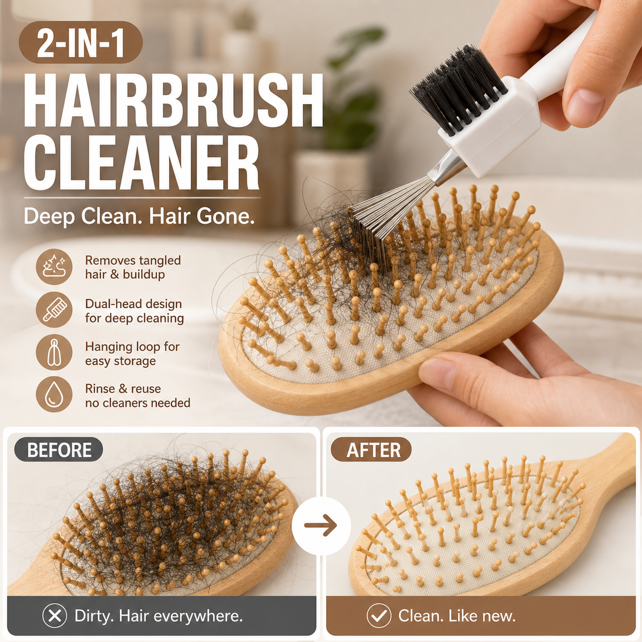2-in-1HairBrushCleanerTool,Multi-purposeHairRemoverCombCleaner withStainlessSteelPick&StiffBrush