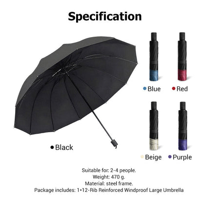☔12-Rib Large Foldable Windproof Umbrella