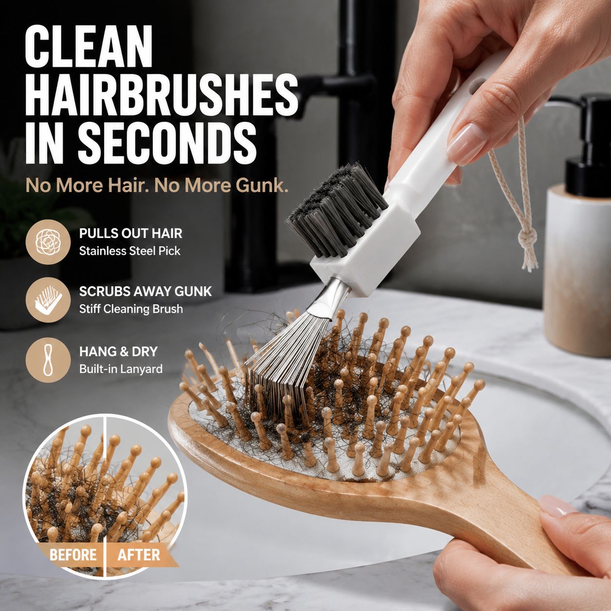 2-in-1HairBrushCleanerTool,Multi-purposeHairRemoverCombCleaner withStainlessSteelPick&StiffBrush