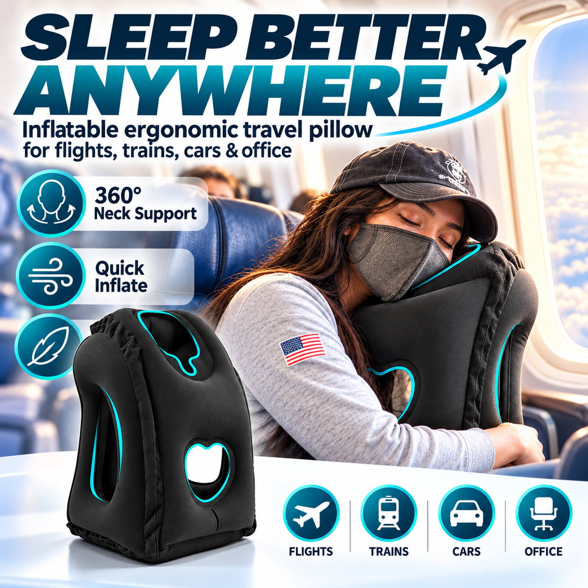 ✈️ Inflatable Ergonomic Hollow-Cutout Travel Pillow – PVC Flocking, Quick Inflate, With Storage Bag ✨