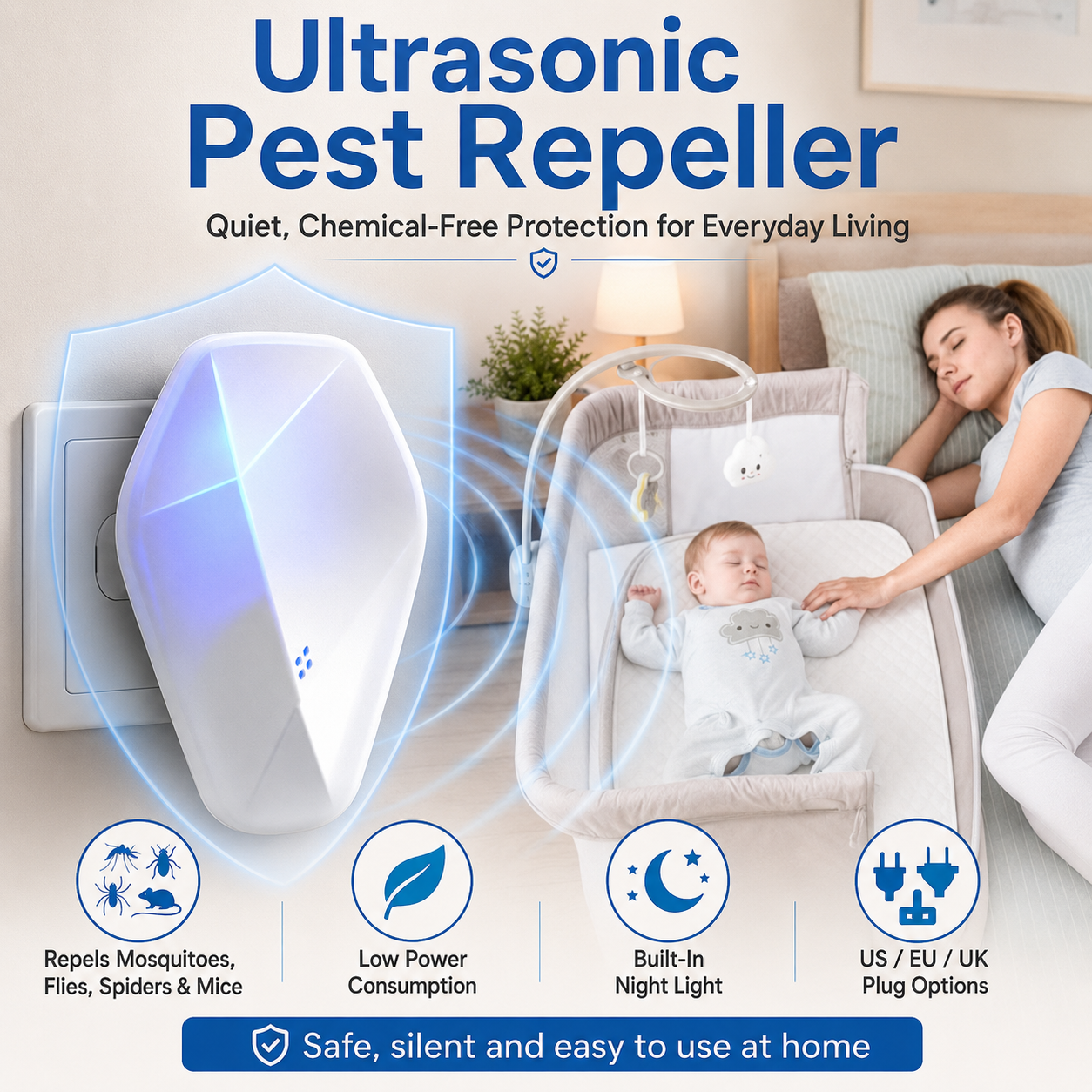 Repel Pests Instantly! No-Chemical Ultrasonic 3-in-1 Nightlight