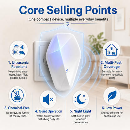Repel Pests Instantly! No-Chemical Ultrasonic 3-in-1 Nightlight