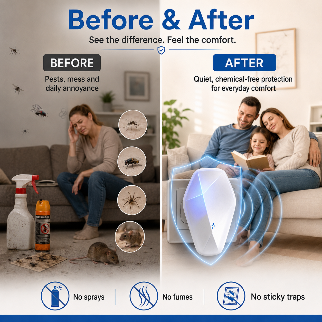 Repel Pests Instantly! No-Chemical Ultrasonic 3-in-1 Nightlight