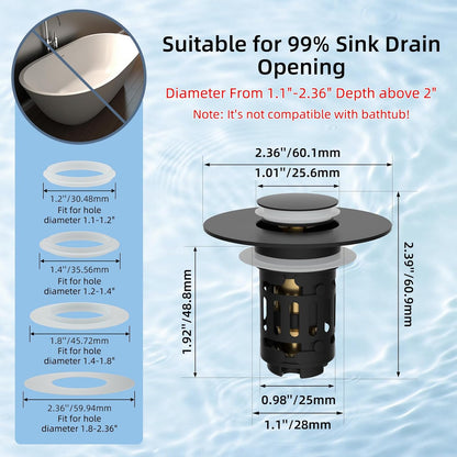 Hibbent Upgraded 3-in-1 Bathroom Sink Drain Strainer, Universal Pop-Up Plug, Removable Stainless Steel Basket-Style Hair Catcher, 1.1–2.36-inch Sink Plug, Brass Cartridge, Matt Black
