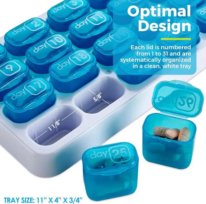 💊Monthly Pill Organizer with Lid - Arthritis-Friendly Easy-Open Lids 31 Removable Daily Pill Pods Date Reminder & Travel Case for Vitamins & Medications