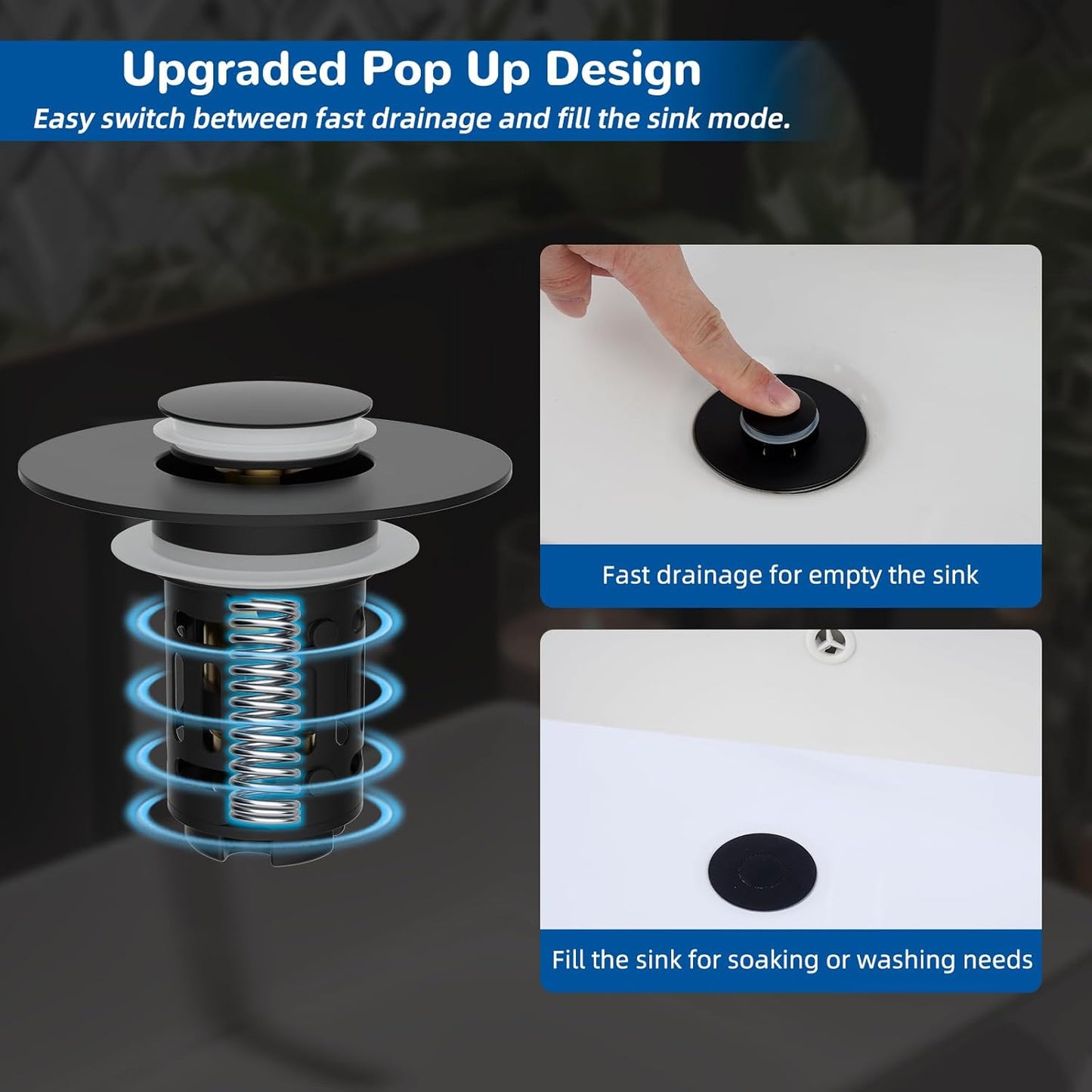 Hibbent Upgraded 3-in-1 Bathroom Sink Drain Strainer, Universal Pop-Up Plug, Removable Stainless Steel Basket-Style Hair Catcher, 1.1–2.36-inch Sink Plug, Brass Cartridge, Matt Black