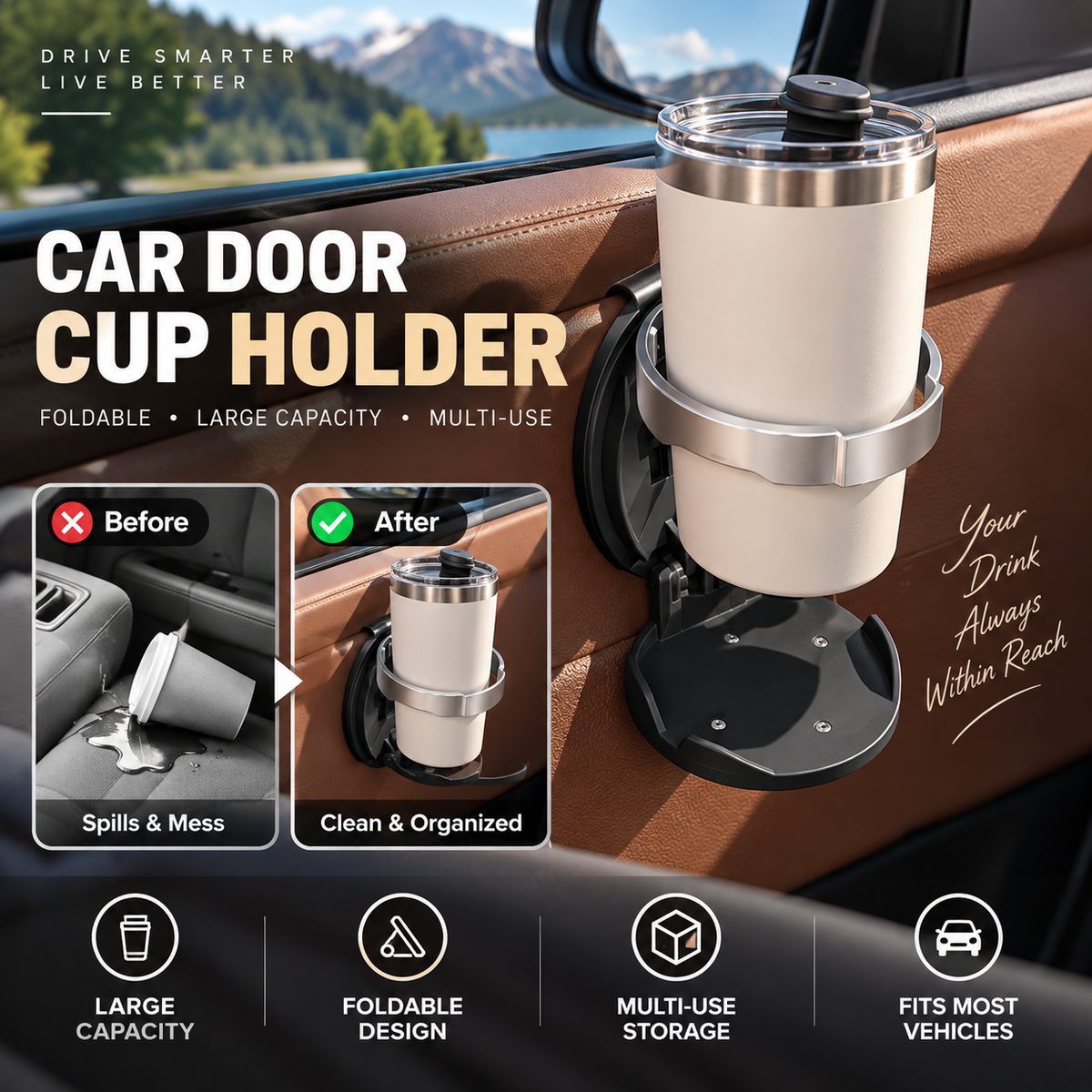 🚗 Last Day Special Price ￡11.99! 🥤Multifunctional Foldable Car Door Cup Holder Large Diameter Drink and Water Bottle Storage Rack