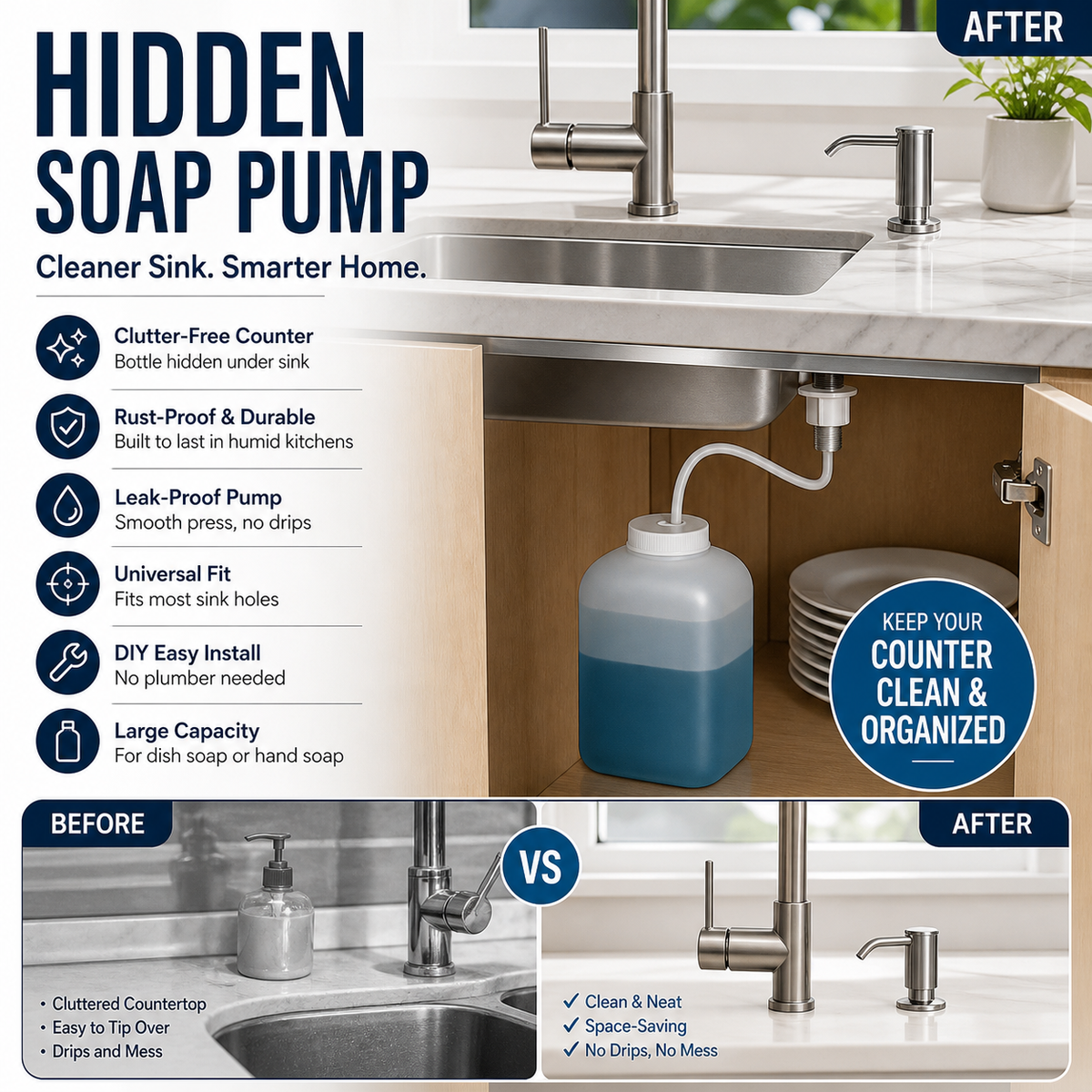 ⏰LIMITED-TIME 50% OFF! 🧼🚰 Stop reaching for that messy soap bottle — this built-in dispenser gives you soap on demand, no clutter, no spills. 🍽️