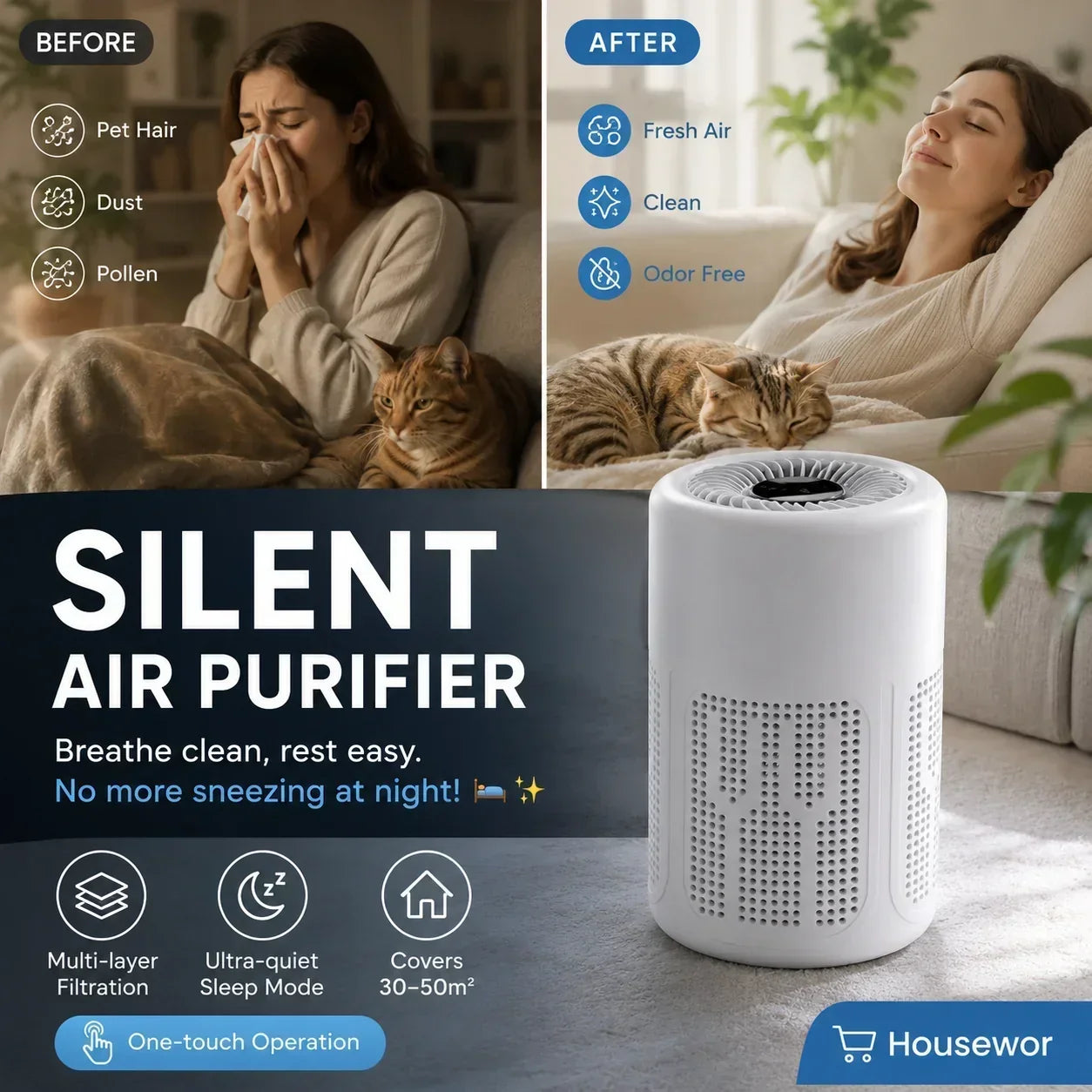 🍃 Removes 99.97% of Allergens – Whisper‑Quiet HEPA Air Purifier for Bedrooms up to 50m². Limited Deal