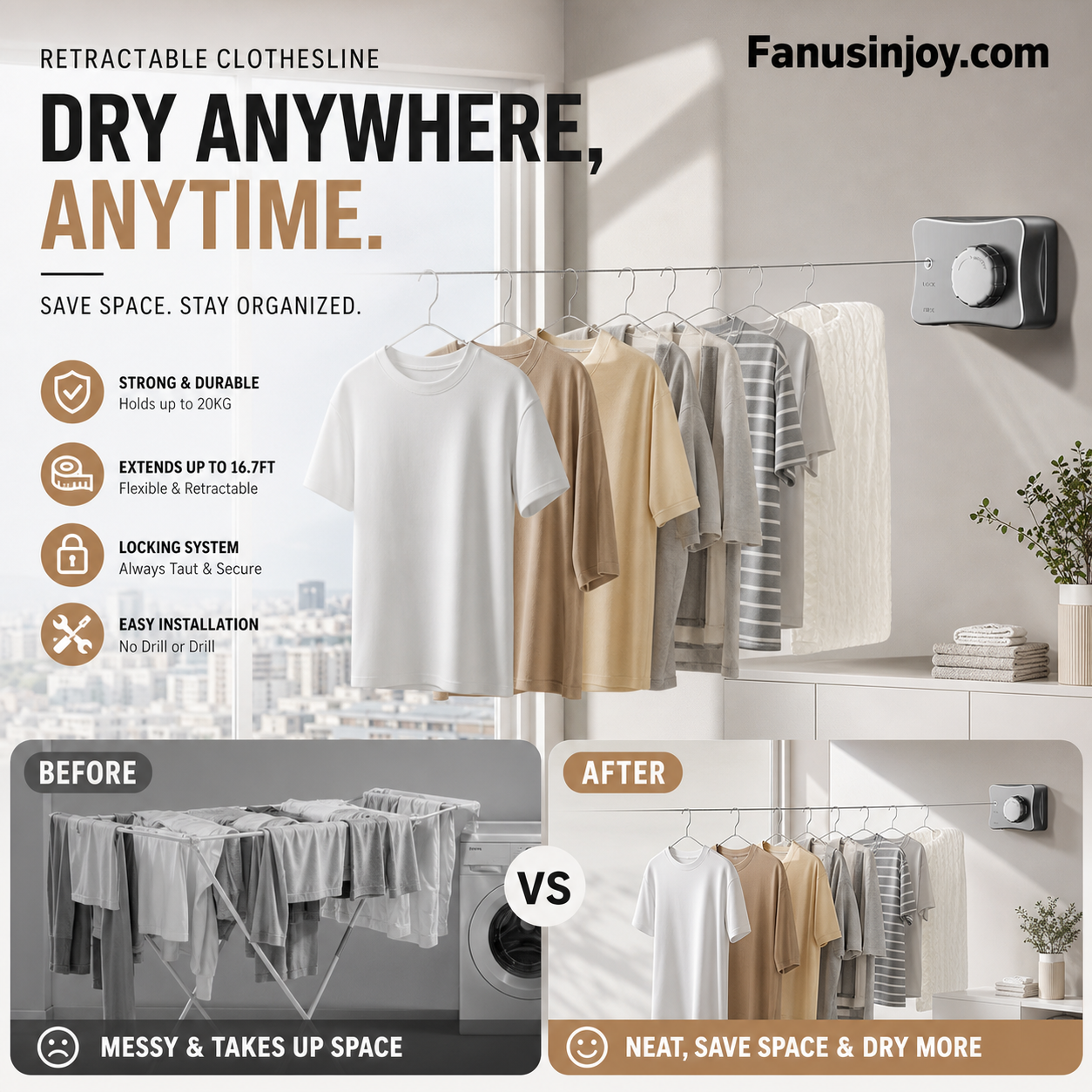 🔥Amazing 50% OFF! 🏡️Expand your home space anywhere. Place it wherever you want! Indoors Wall Mounted Retractable Clothesline