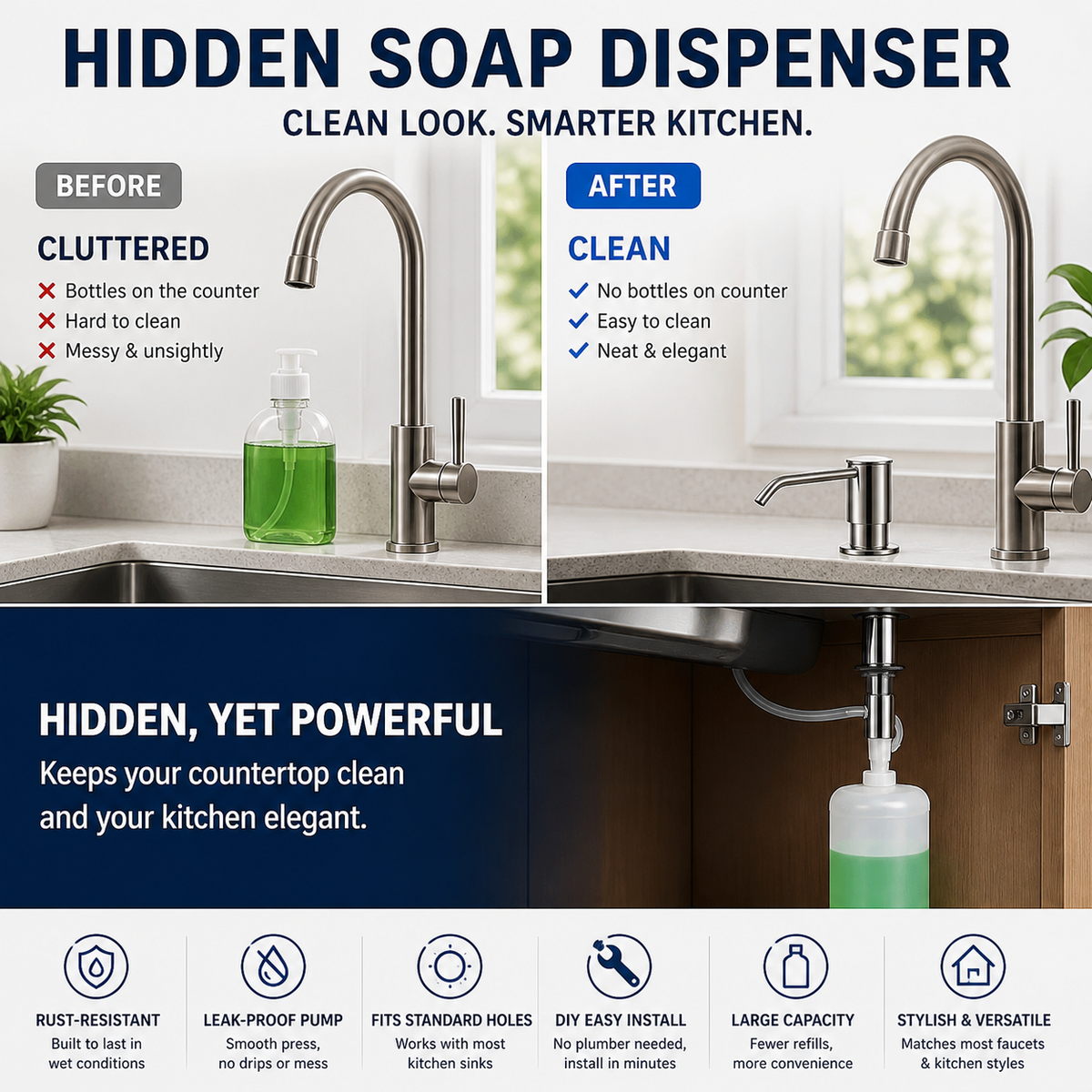 ⏰LIMITED-TIME 50% OFF! 🧼🚰 Stop reaching for that messy soap bottle — this built-in dispenser gives you soap on demand, no clutter, no spills. 🍽️