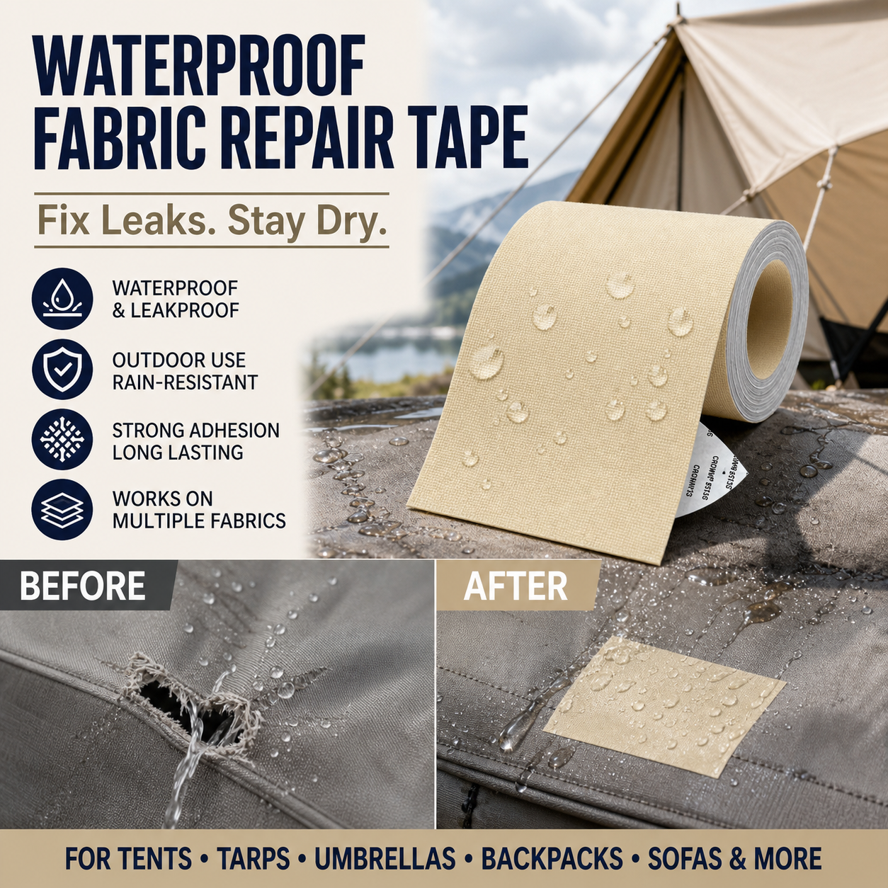 Heavy‑Duty Tarp Repair Patch, Self‑Adhesive Waterproof Patch For Tents Tarps Canopies