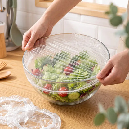 🥗100PCS Disposable Elastic Stretch Food Covers, Reusable Plastic Wrap Alternative, Universal Stretch Lids for Bowls, Plates, Fruits, Vegetables & Leftover Food Storage