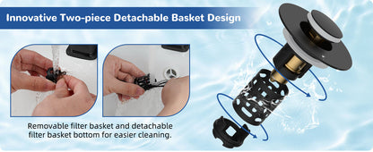 Hibbent Upgraded 3-in-1 Bathroom Sink Drain Strainer, Universal Pop-Up Plug, Removable Stainless Steel Basket-Style Hair Catcher, 1.1–2.36-inch Sink Plug, Brass Cartridge, Matt Black