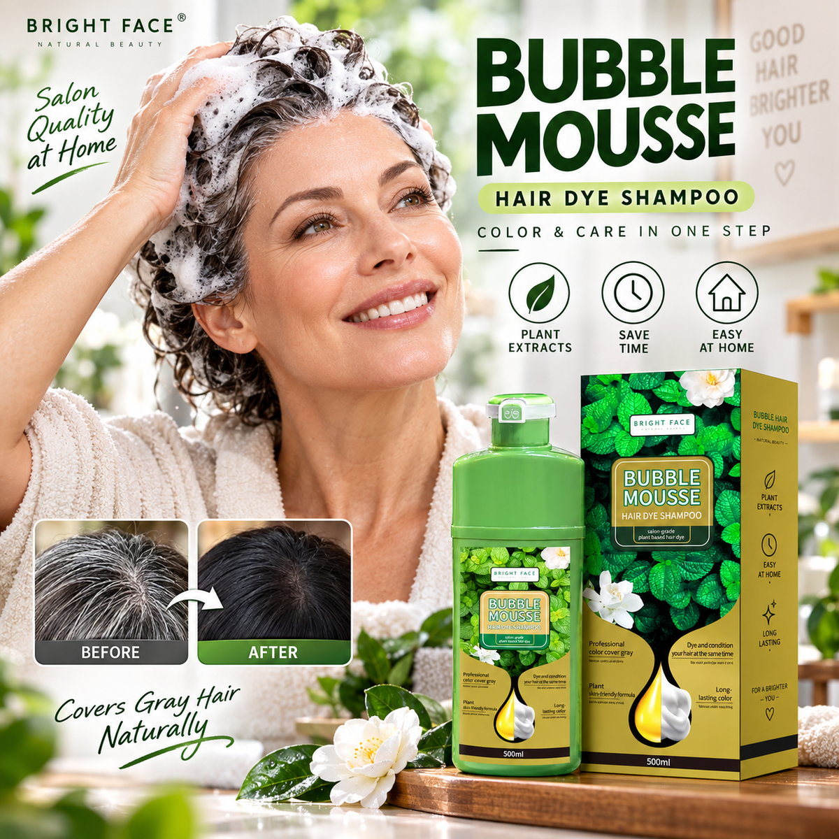 🥳💞68K+ SOLD💇‍♀️💈Long-Lasting Plant-Based Bubble Mousse Hair Dye Shampoo, Gentle At-Home Gray Hair Coverage🛡️👍