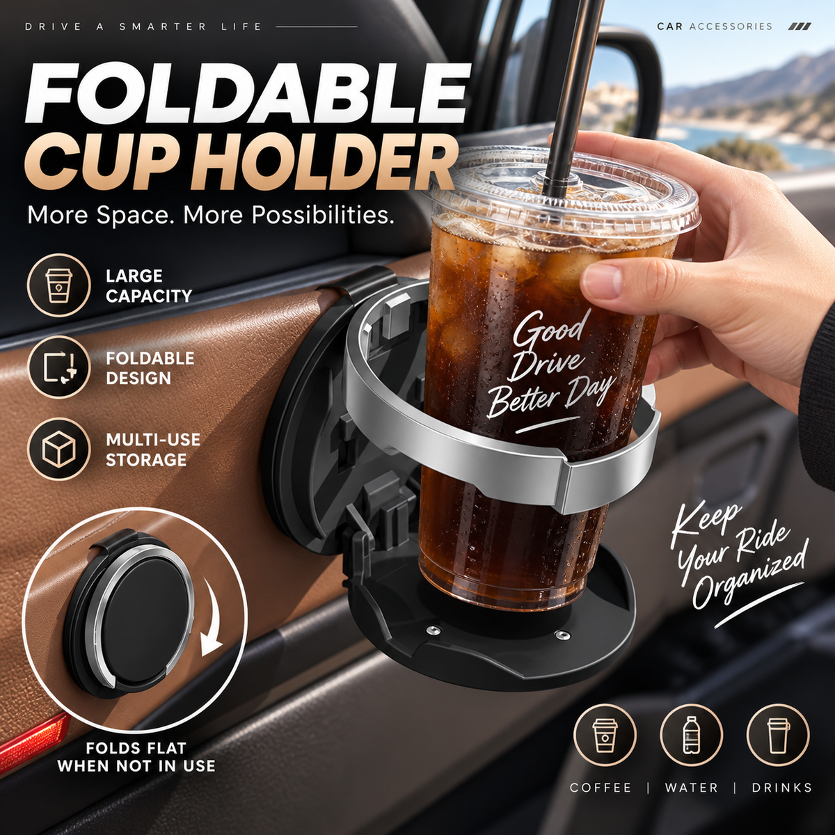 🚗 Last Day Special Price ￡11.99! 🥤Multifunctional Foldable Car Door Cup Holder Large Diameter Drink and Water Bottle Storage Rack