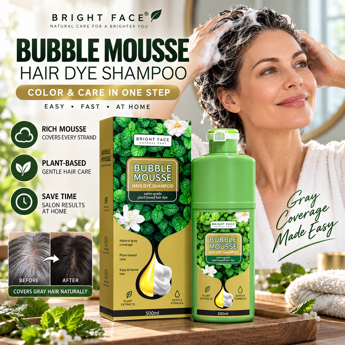 🥳💞68K+ SOLD💇‍♀️💈Long-Lasting Plant-Based Bubble Mousse Hair Dye Shampoo, Gentle At-Home Gray Hair Coverage🛡️👍