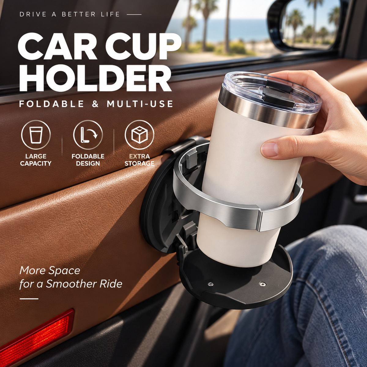 🚗 Last Day Special Price ￡11.99! 🥤Multifunctional Foldable Car Door Cup Holder Large Diameter Drink and Water Bottle Storage Rack