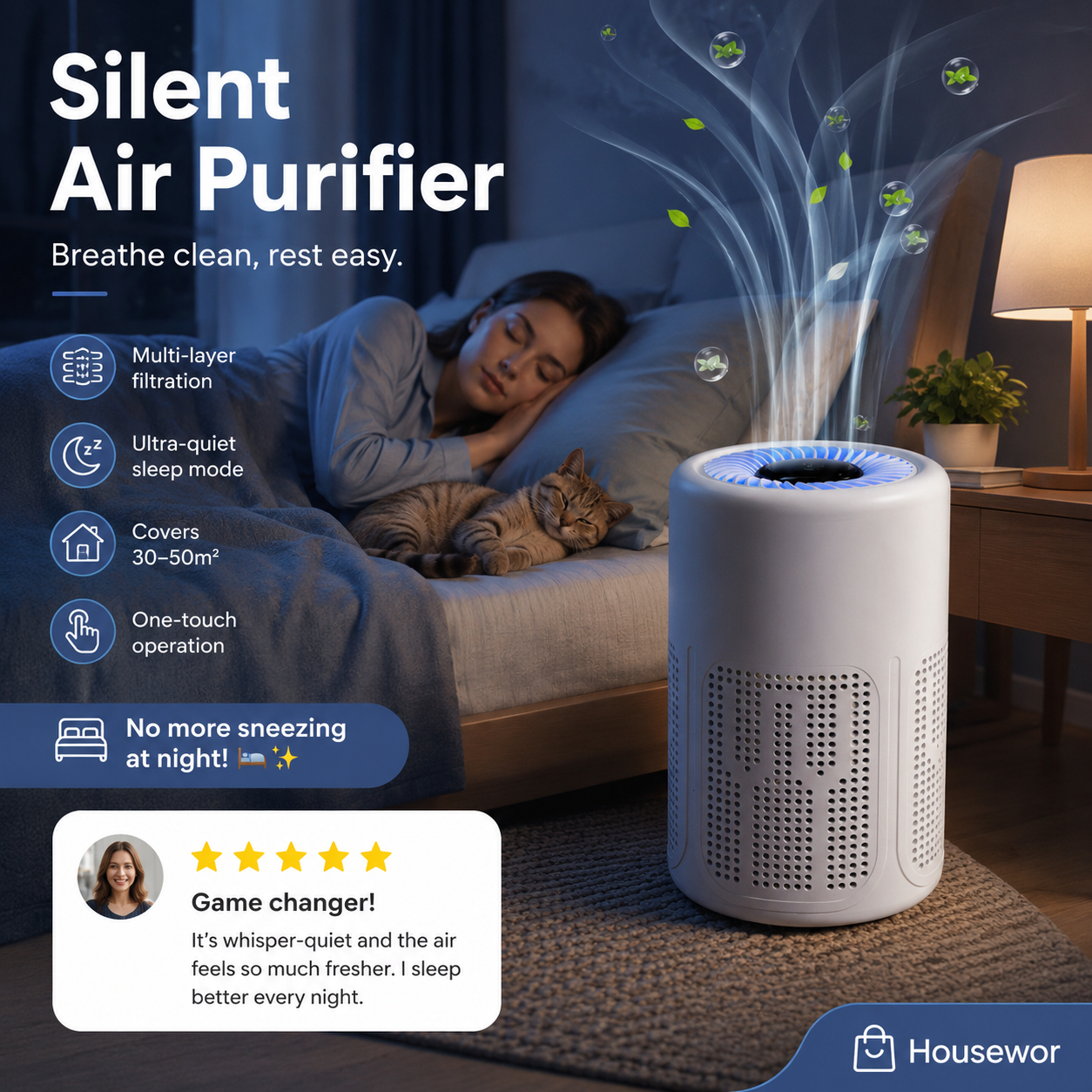 🥳 Silent Air Purifier – Multi‑layer filtration, ultra‑quiet sleep mode. Covers 30‑50m², one‑touch operation. Breathe clean, rest easy. No more sneezing at night! 🛌✨