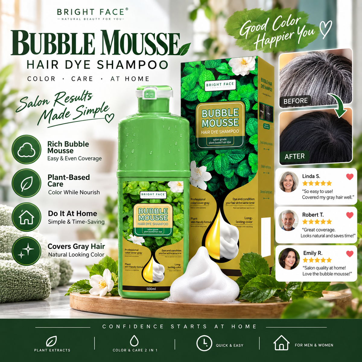 🥳💞68K+ SOLD💇‍♀️💈Long-Lasting Plant-Based Bubble Mousse Hair Dye Shampoo, Gentle At-Home Gray Hair Coverage🛡️👍